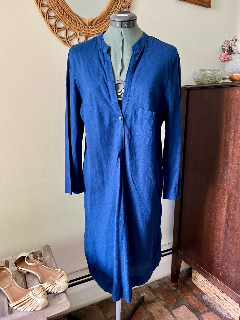 Guadalupe Linen Blend Tunic Dress Blue Resort Cover Up Coastal Grandmother Boho